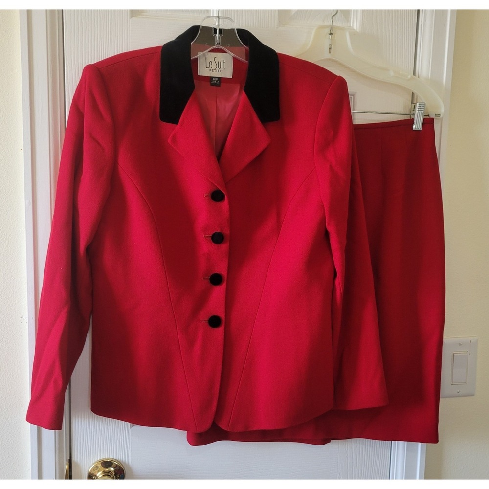 Le Suit Skirt Suit Sz‎ 10P Red Black Velvet Trim Wool Longsleeve Business Formal